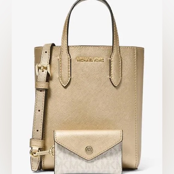 Michael Kors Handbags - Michael Kors Vincent Pale Gold Embossed Logo Crossbody Bag Cardholder NWT